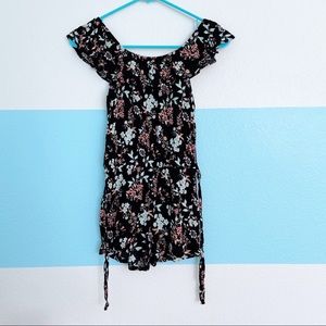 Off-the-Shoulder Ruffle Top Black Floral Romper